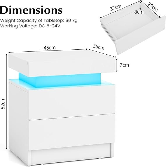 Set of 2 High Gloss LED Bedside Tables – RGB Lights, Remote Control & 2 Drawers