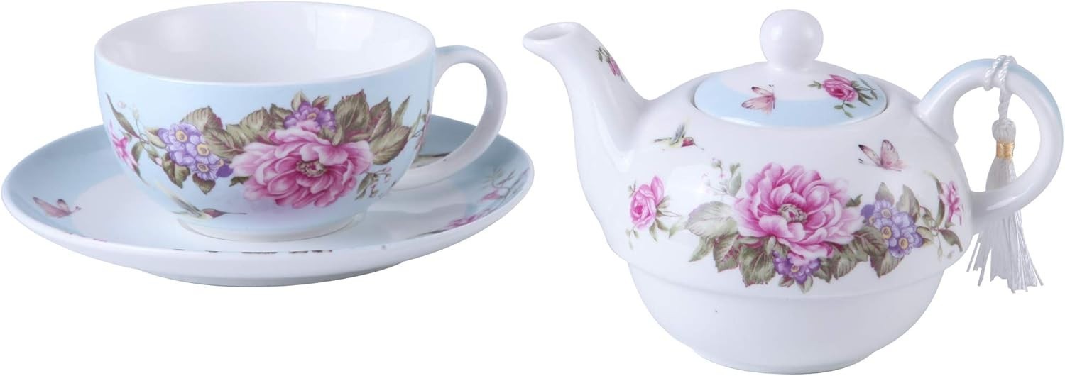 Tea For One Teapot Cup Saucer Set Blue Floral Bird Rose Gift Box