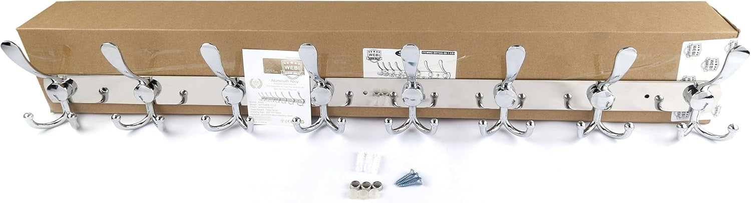 75cm Wall Mounted Coat Rack with 8 Hooks | Chrome Hook Rail Hanger Silver