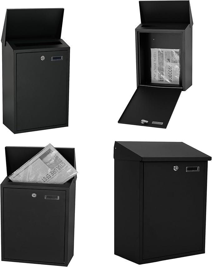 Extra Large Lockable Wall Mounted Letterbox Black Steel Post Box Weatherproof