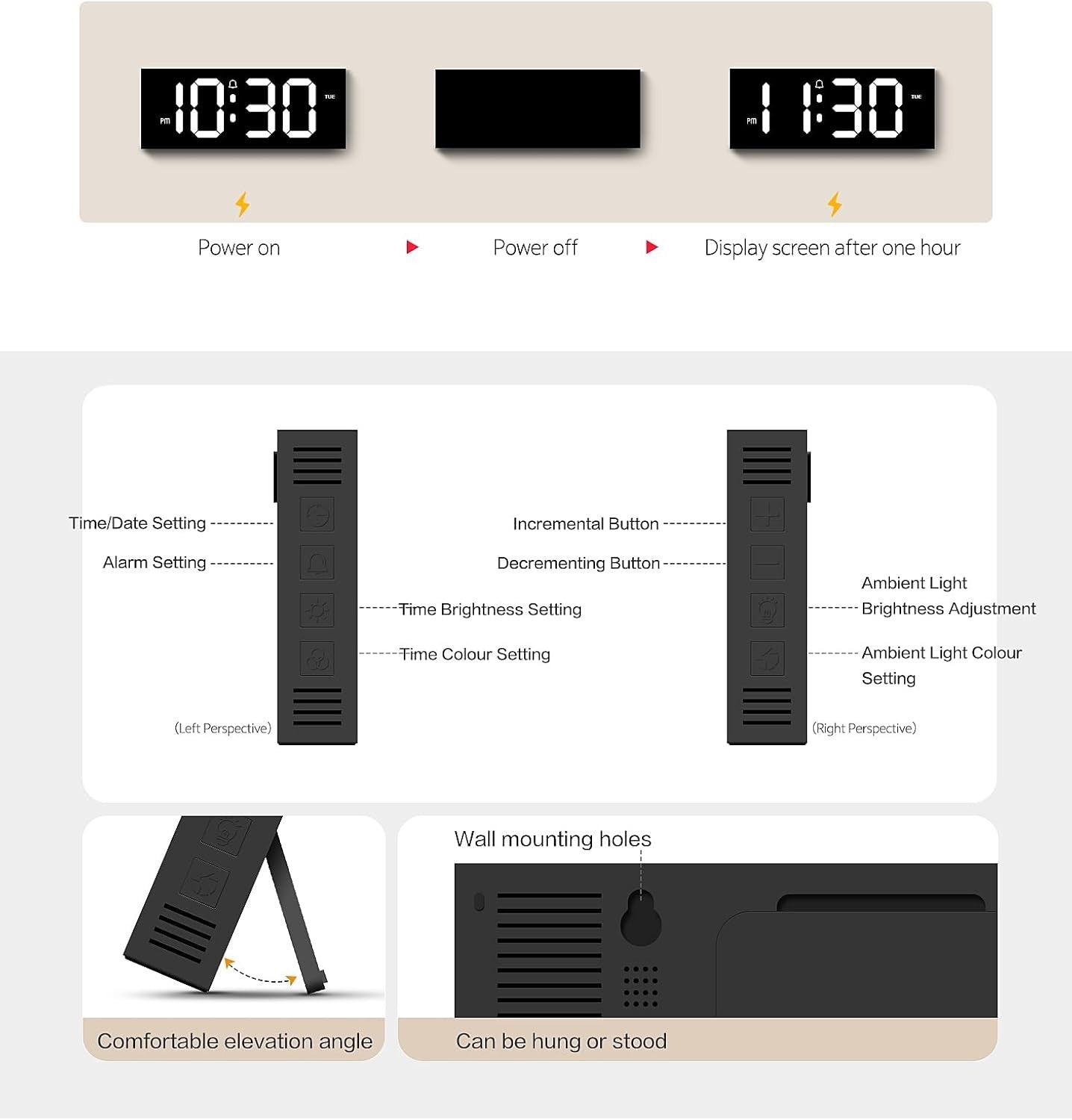 Large LED Digital Alarm Clock Remote Control Auto Dimming Ambient Light