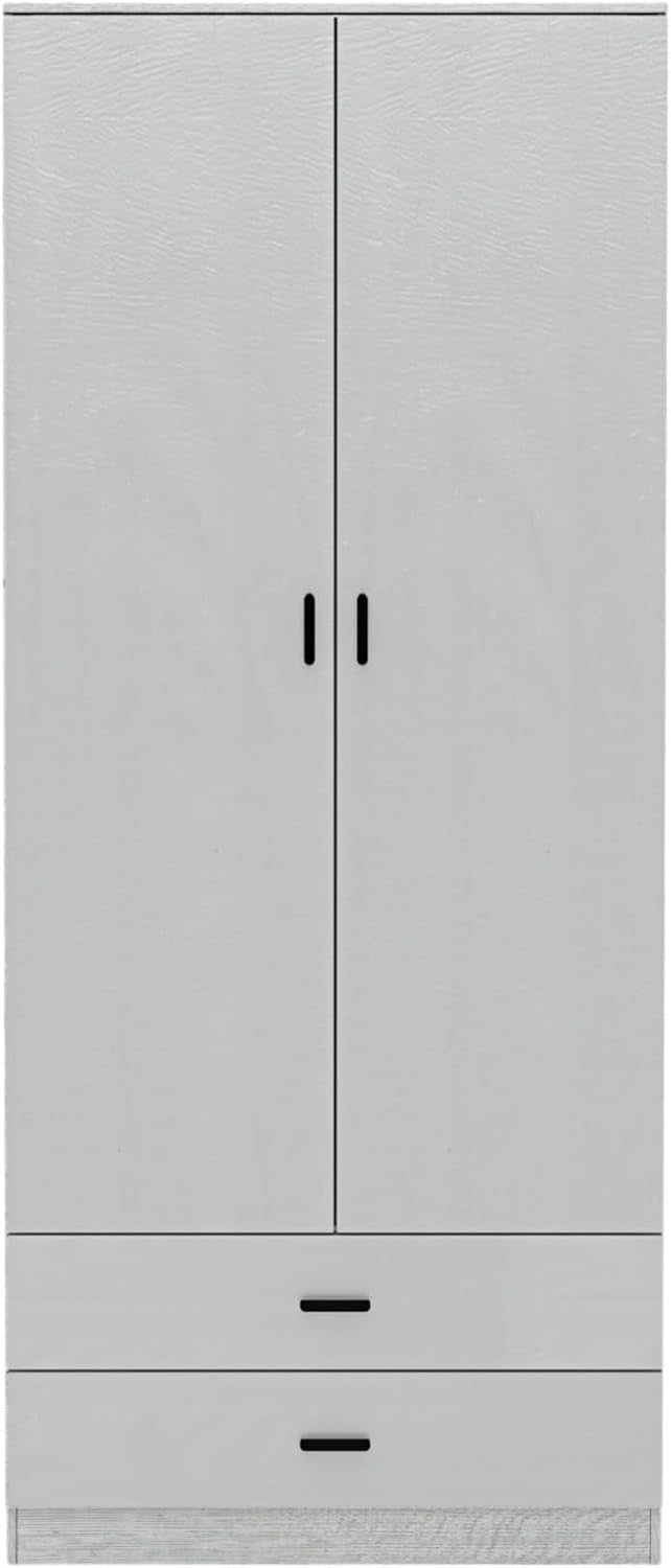 Grey Wooden Wardrobe 2 Door 2 Drawer Tall Storage Unit for Bedroom Clothes