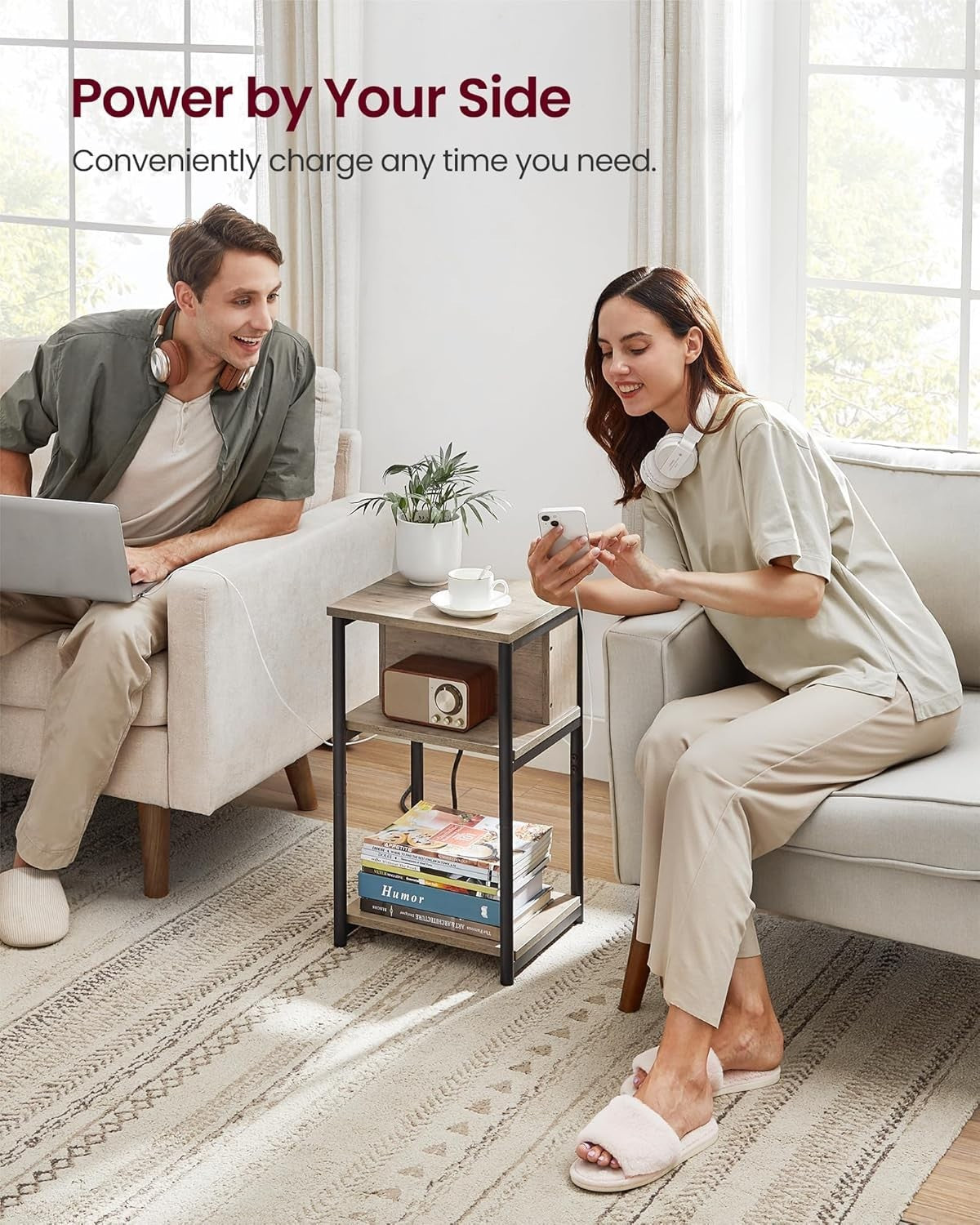 Narrow Side Table with USB & AC Charging Ports, 3-Tier 30x34x58cm Table