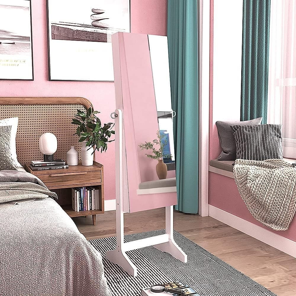 White Lockable Jewelry Cabinet Mirror Adjustable Freestanding Storage