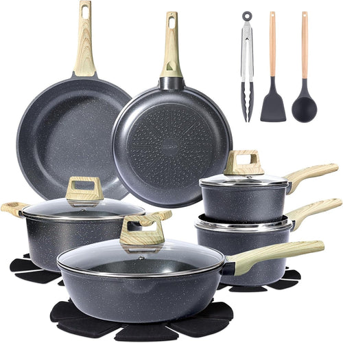 18Pcs Grey Ceramic Non-Stick Cookware Set with Glass Lids & Utensils, PFAS-Free