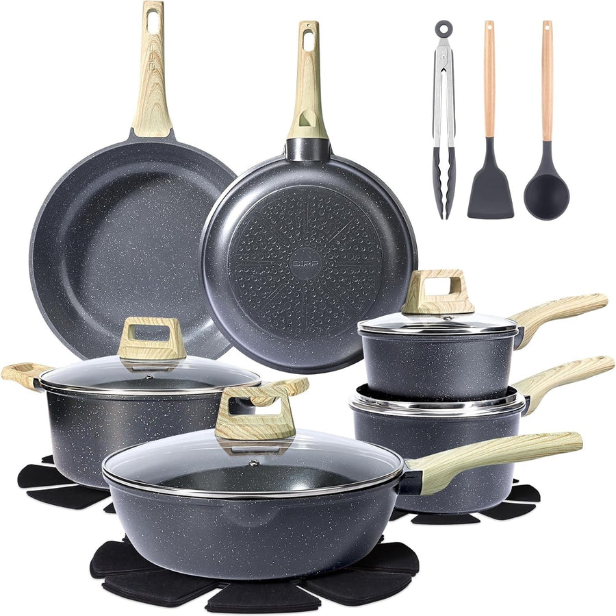 18Pcs Grey Ceramic Non-Stick Cookware Set with Glass Lids & Utensils, PFAS-Free