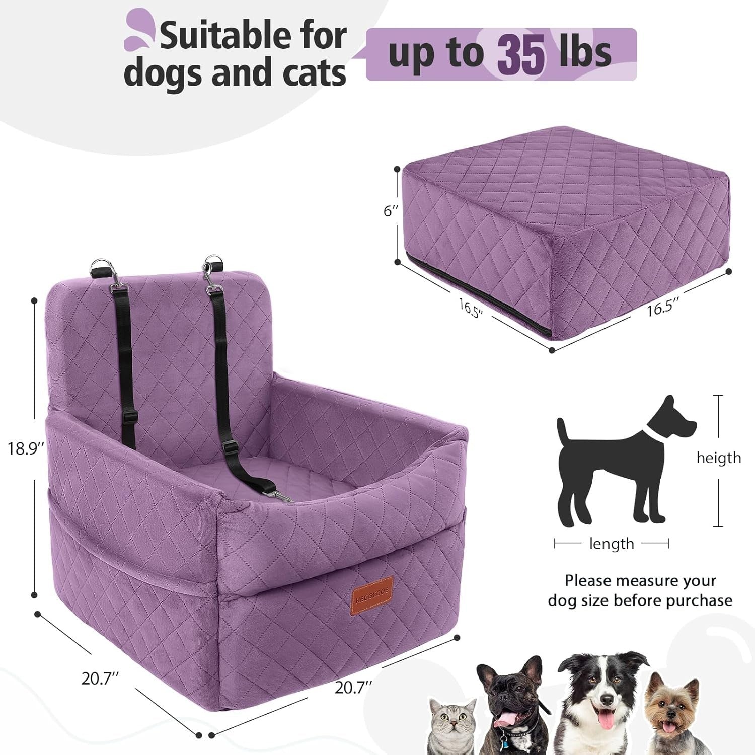 Purple Dog Booster Car Seat Memory Foam Travel Bed 2 Safety Belts