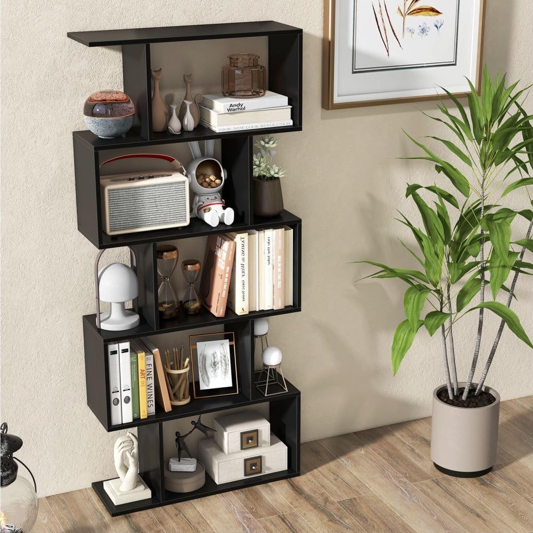 Modern S-Shaped 5/6 Tier Bookcase Elegant Display Shelf Storage Unit Black