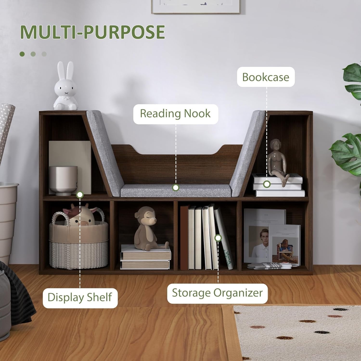 Bookcase with Cushioned Reading Seat 6 Cube Storage Bench Chestnut
