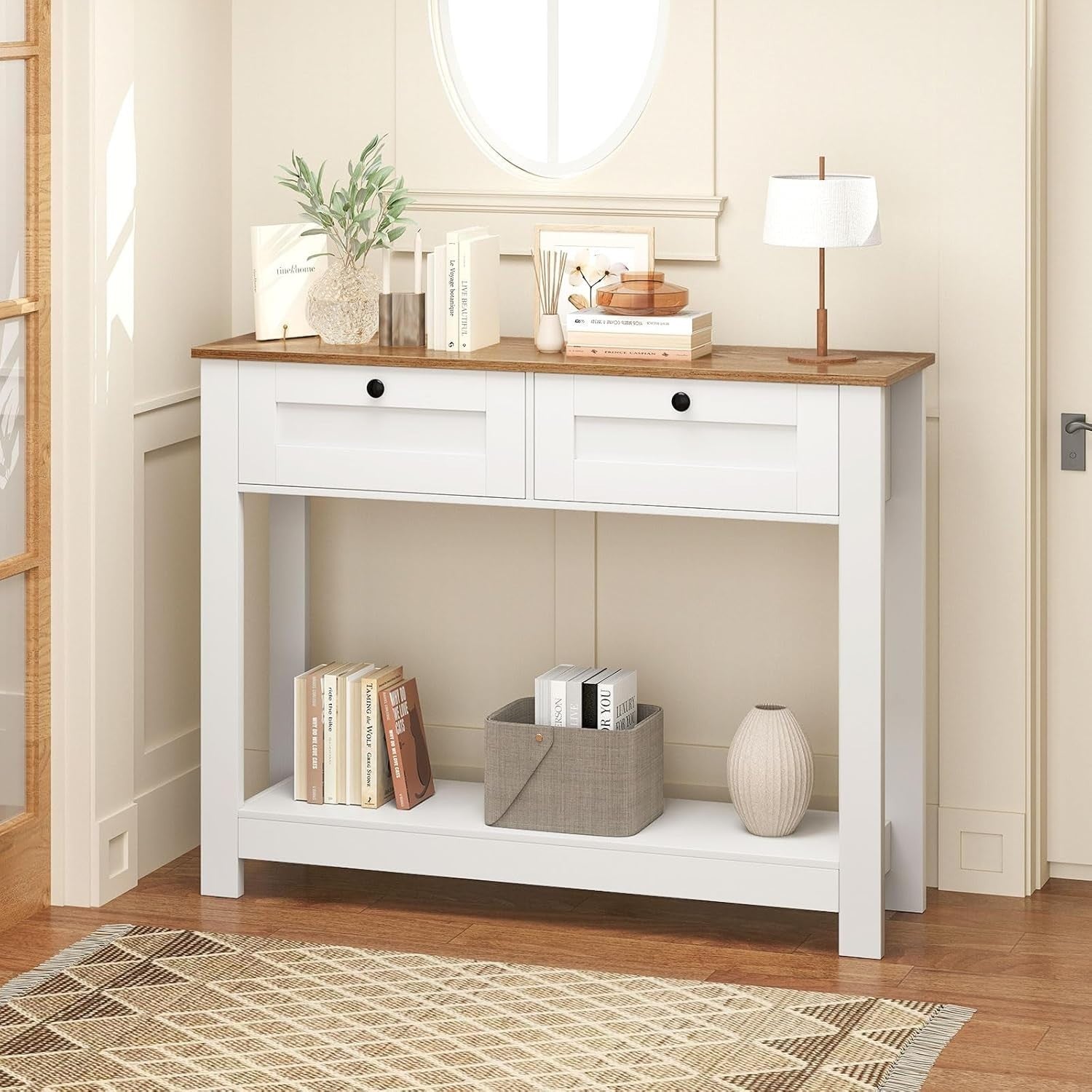 Slim Rustic Console Table 2 Drawers Open Shelf Hallway Storage 106x30x81cm