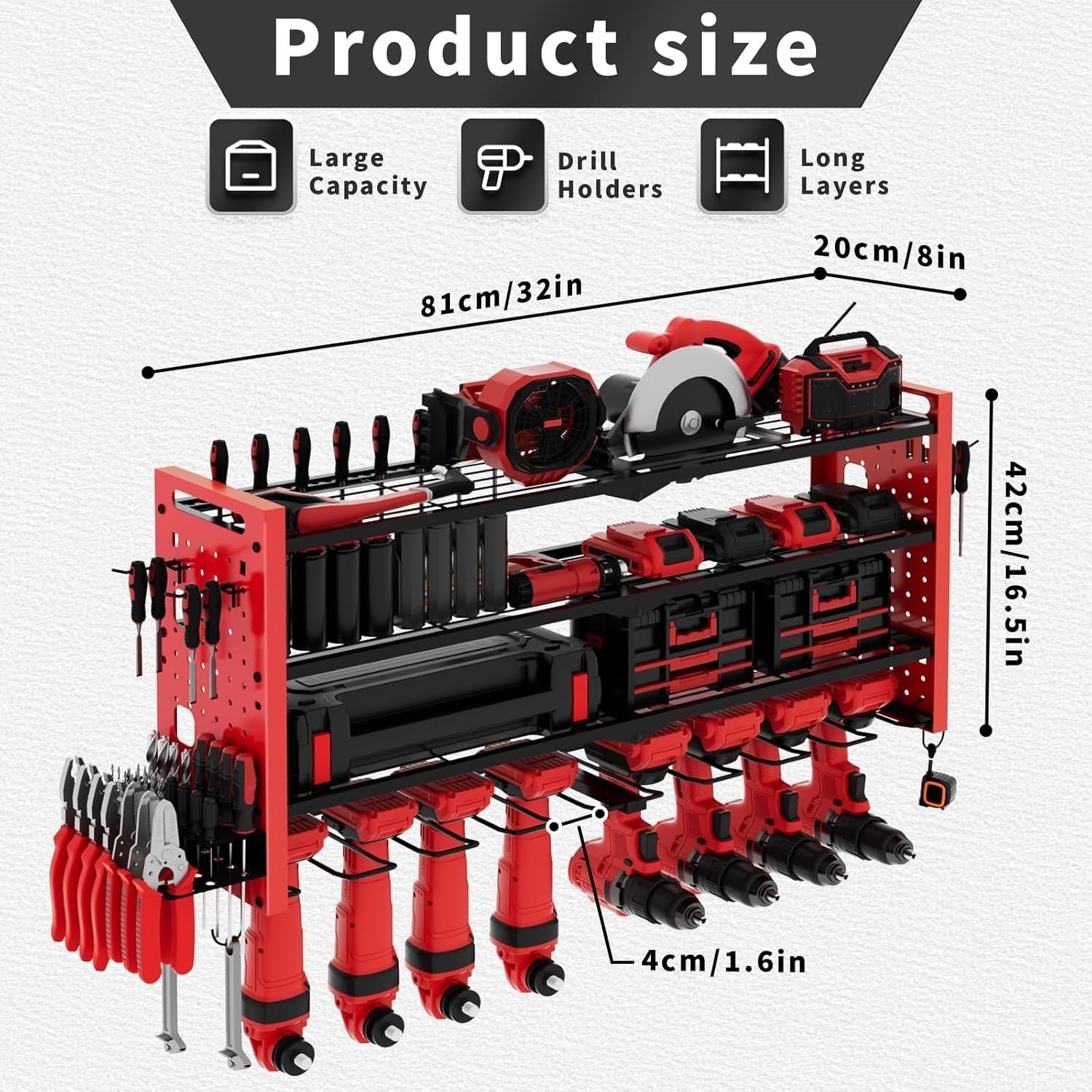 4-Layer Power Tool Rack 8 Drill Holders Heavy Duty Garage Storage Iron