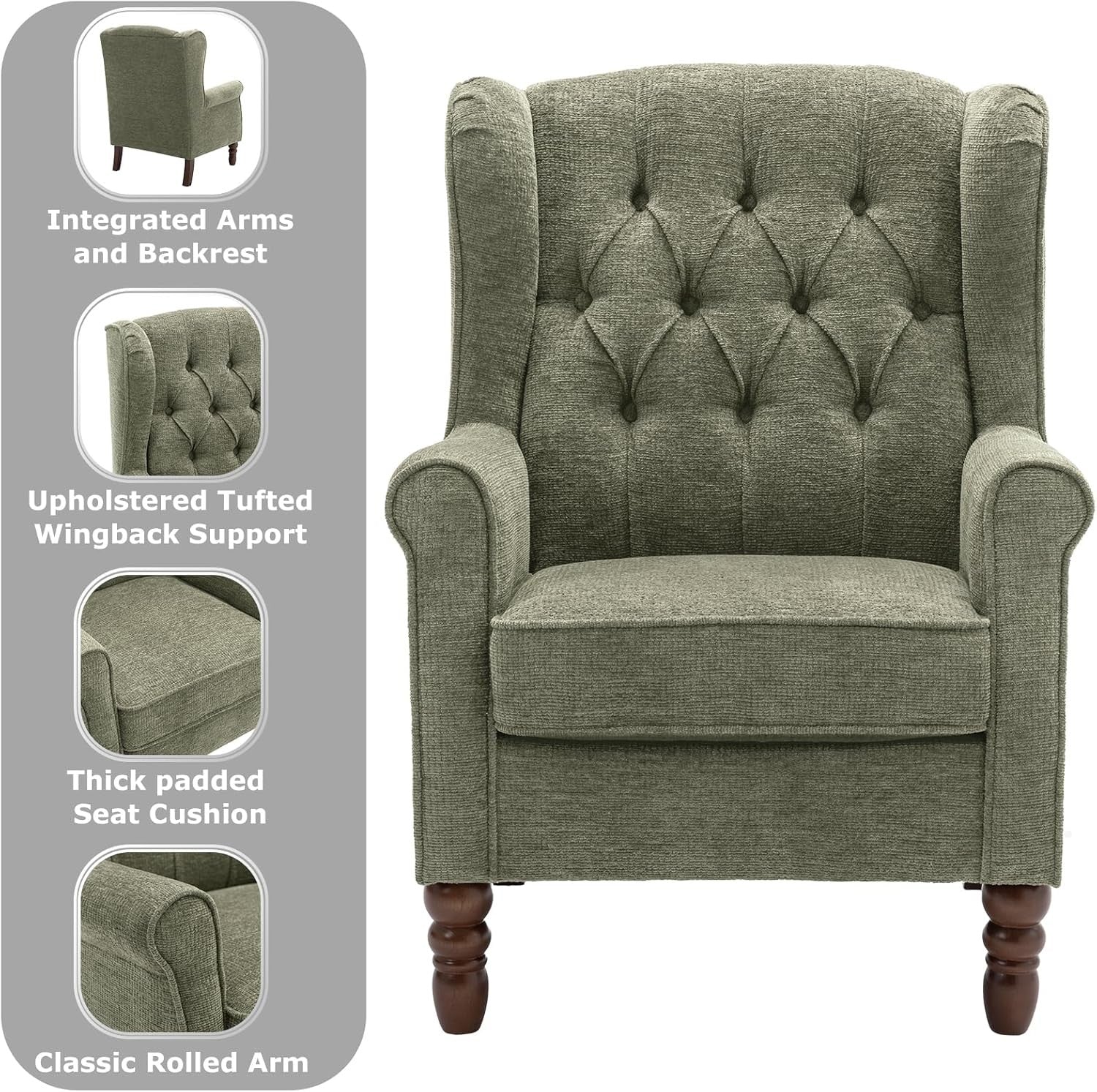 Green Wingback Accent Armchair Button Tufted Fabric Lounge Chair