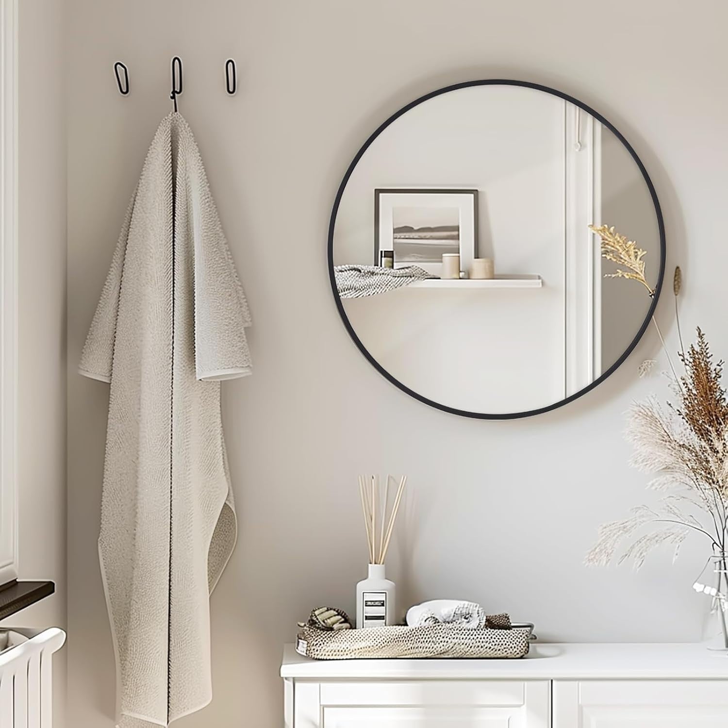 Large 90cm Round Wall Mirror Black Modern Vanity Decor for Hallway Bathroom