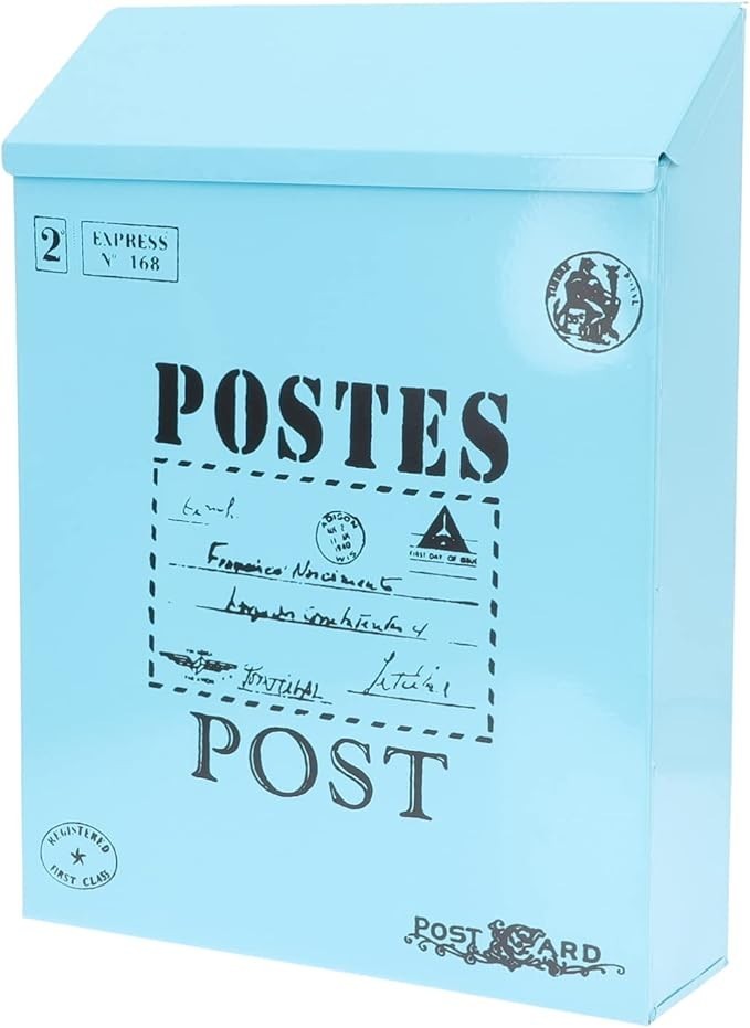 Wall Mount Lockable Mailbox Blue Iron Vintage Outdoor Post Box 30x22x7cm