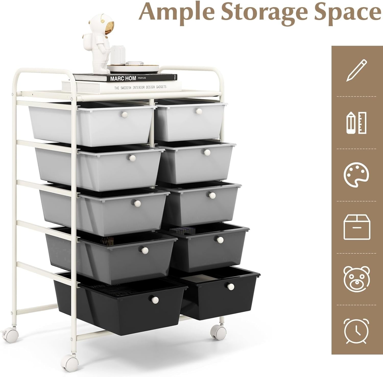 Gradient Black White 10 Drawer Rolling Storage Cart Utility Organizer