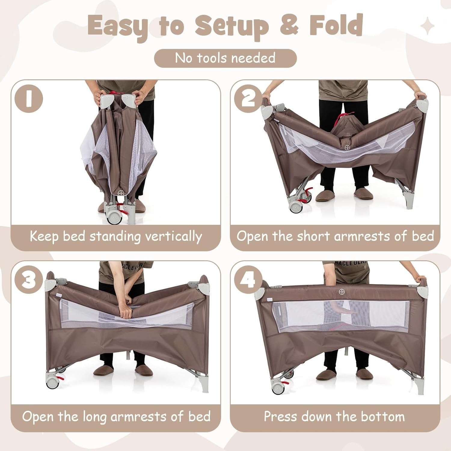 5in1 Baby Travel Cot Bedside Crib Bassinet w/ Mattress Changer Music Toys Brown