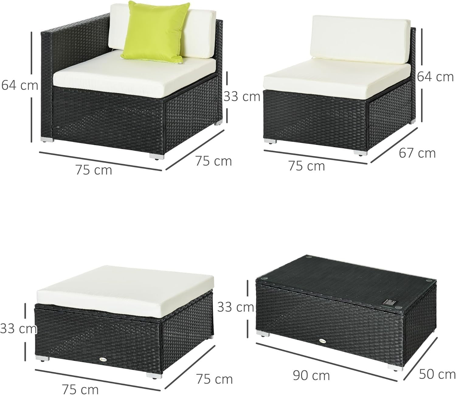 5PC Black PE Rattan Outdoor Sofa Set Cushions Glass Table Patio Furniture