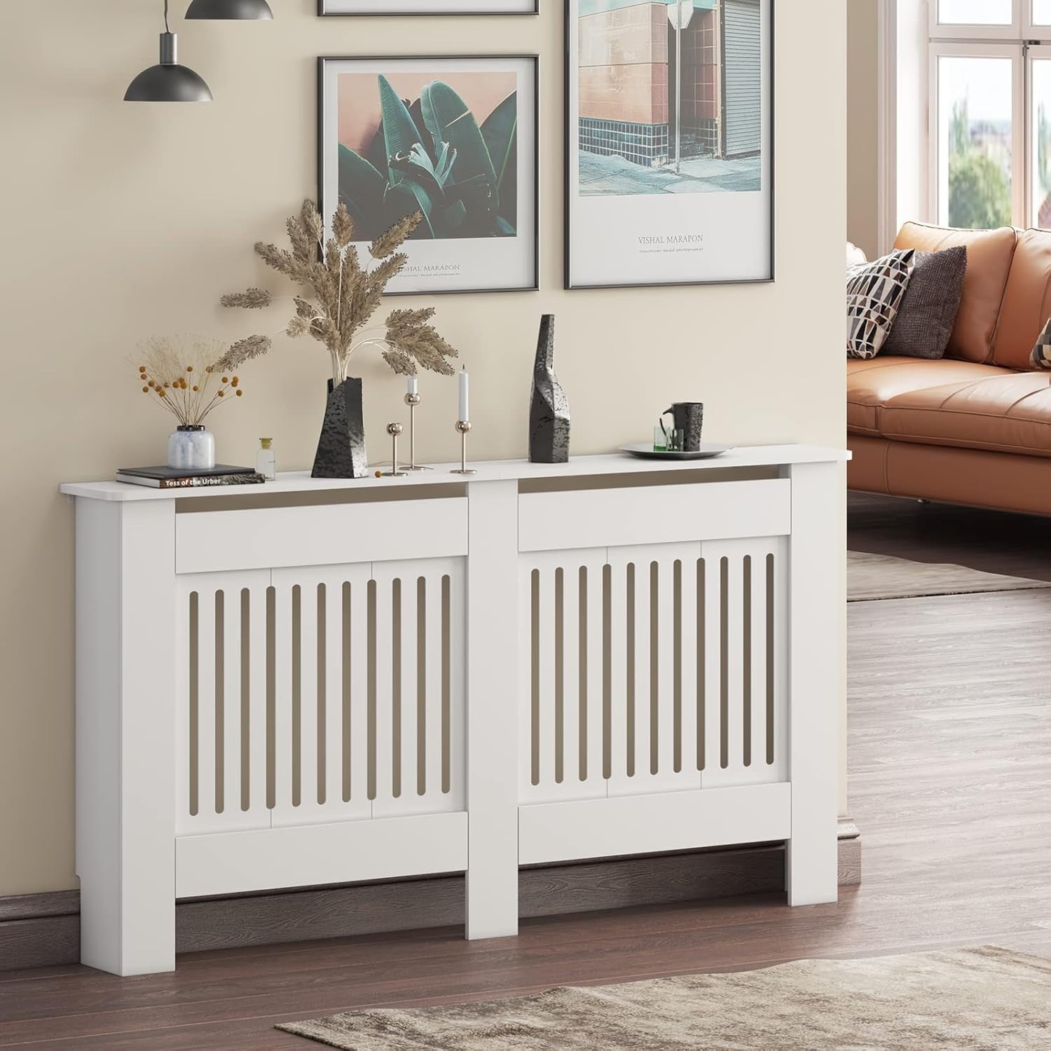 Large White Radiator Cover | Modern MDF Vertical Slatted Cabinet