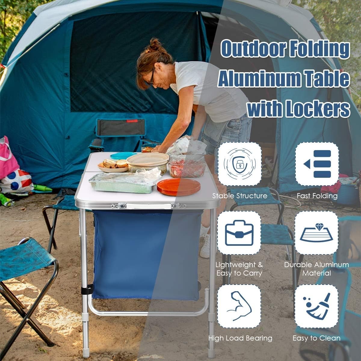 Adjustable Folding Camping Table with Storage Cupboard Organizer Portable