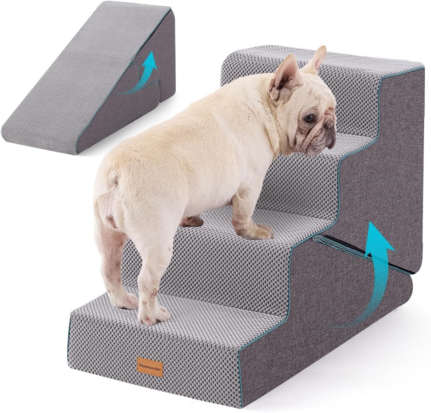 4 Step Adjustable Dog Stairs Foam Ramp Non-Slip Grey 47-56cm H