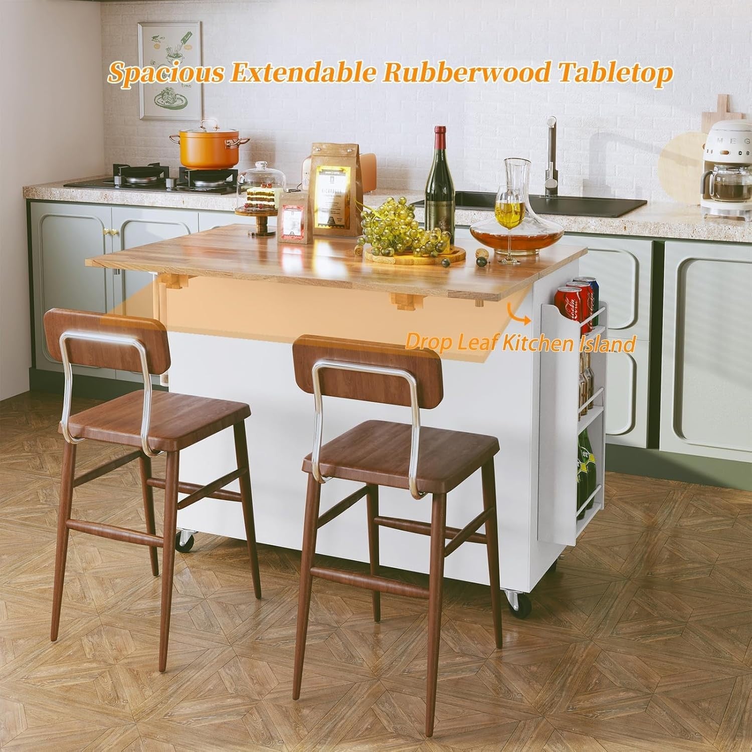 White Kitchen Island on Wheels with Extendable Rubberwood Top & Storage