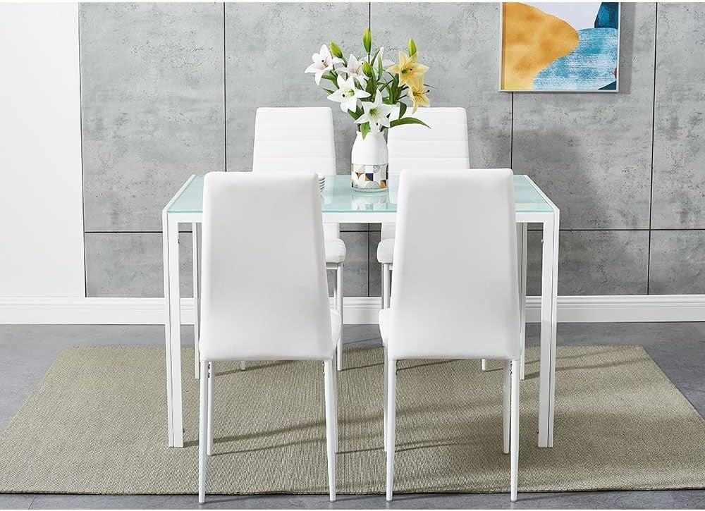 White Tempered Glass Dining Table & 4 PU Leather Chairs – Compact & Modern