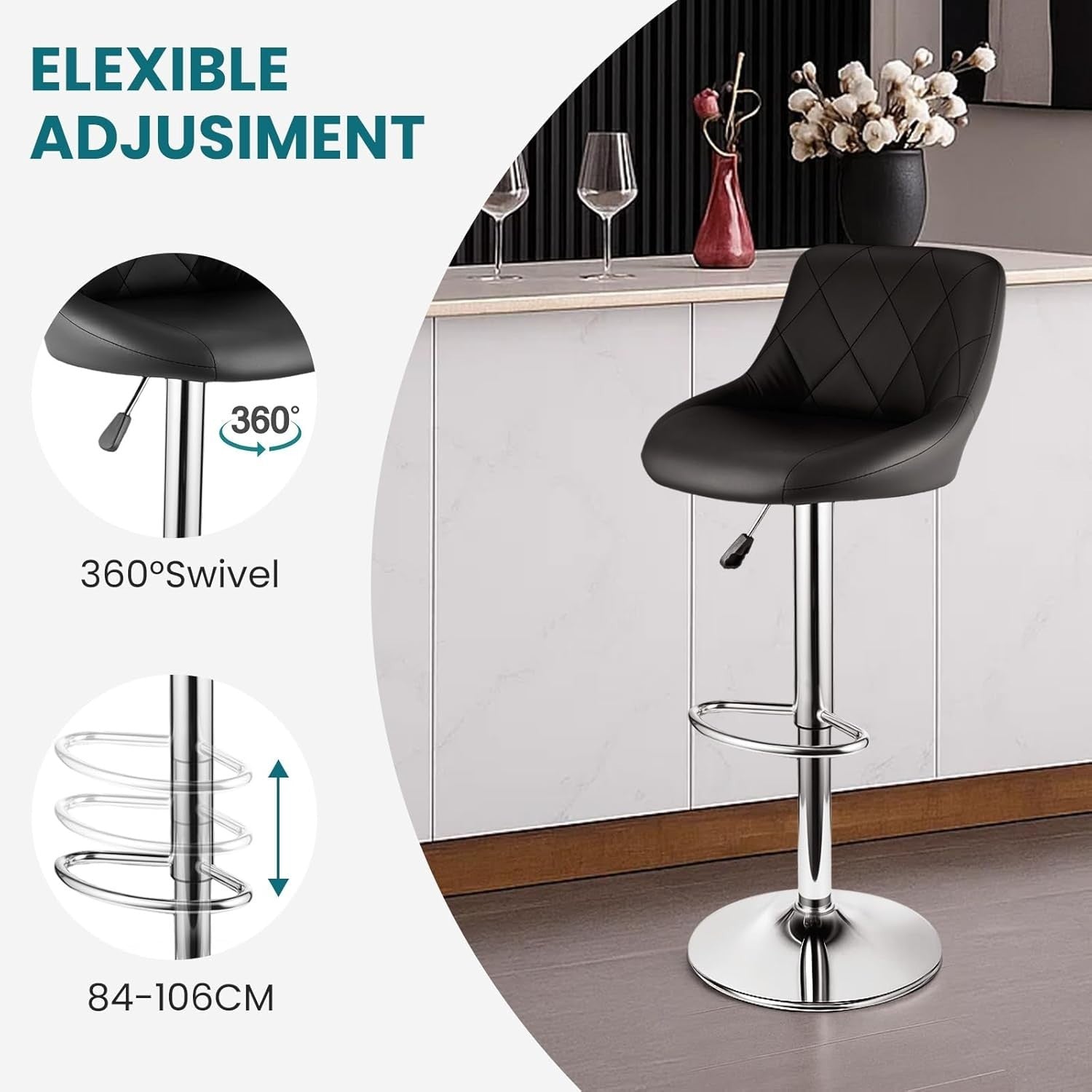 3 Black Bar Stools Faux Leather Swivel Height Adjustable Kitchen Chairs