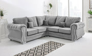 Silver Velvet Corner Sofa 5 Seater Plush Fabric, Foam Cushions, Chrome Legs