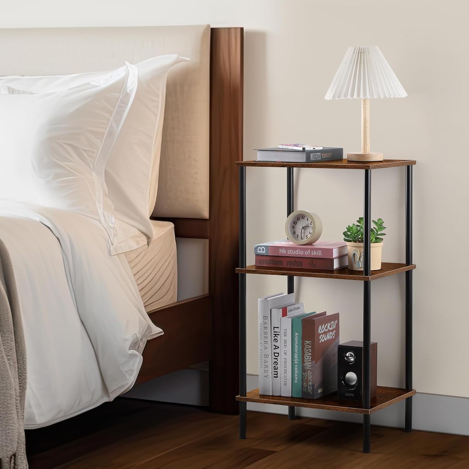 Tall Side Table 3 Tier Narrow Storage Shelf Rustic Small Space End Unit