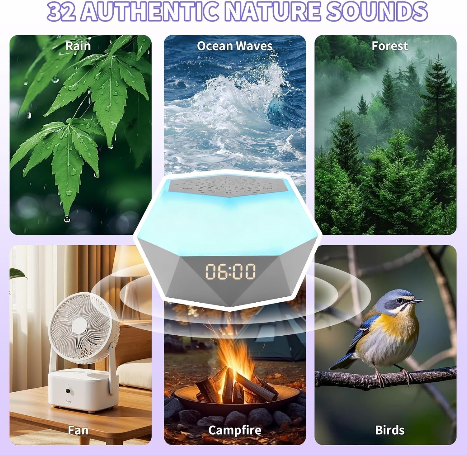Smart White Noise Machine for Sleep – 32 Soothing Sounds, Night Light, Timer