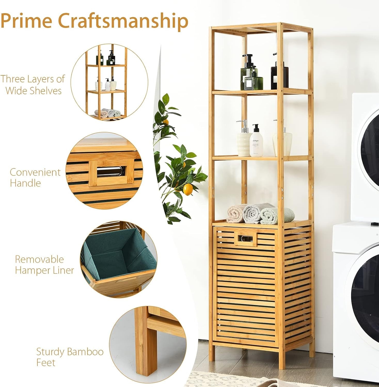 Tall Bamboo Laundry Hamper with 3 Shelves & Tilt-Out Basket | 40×33×160cm