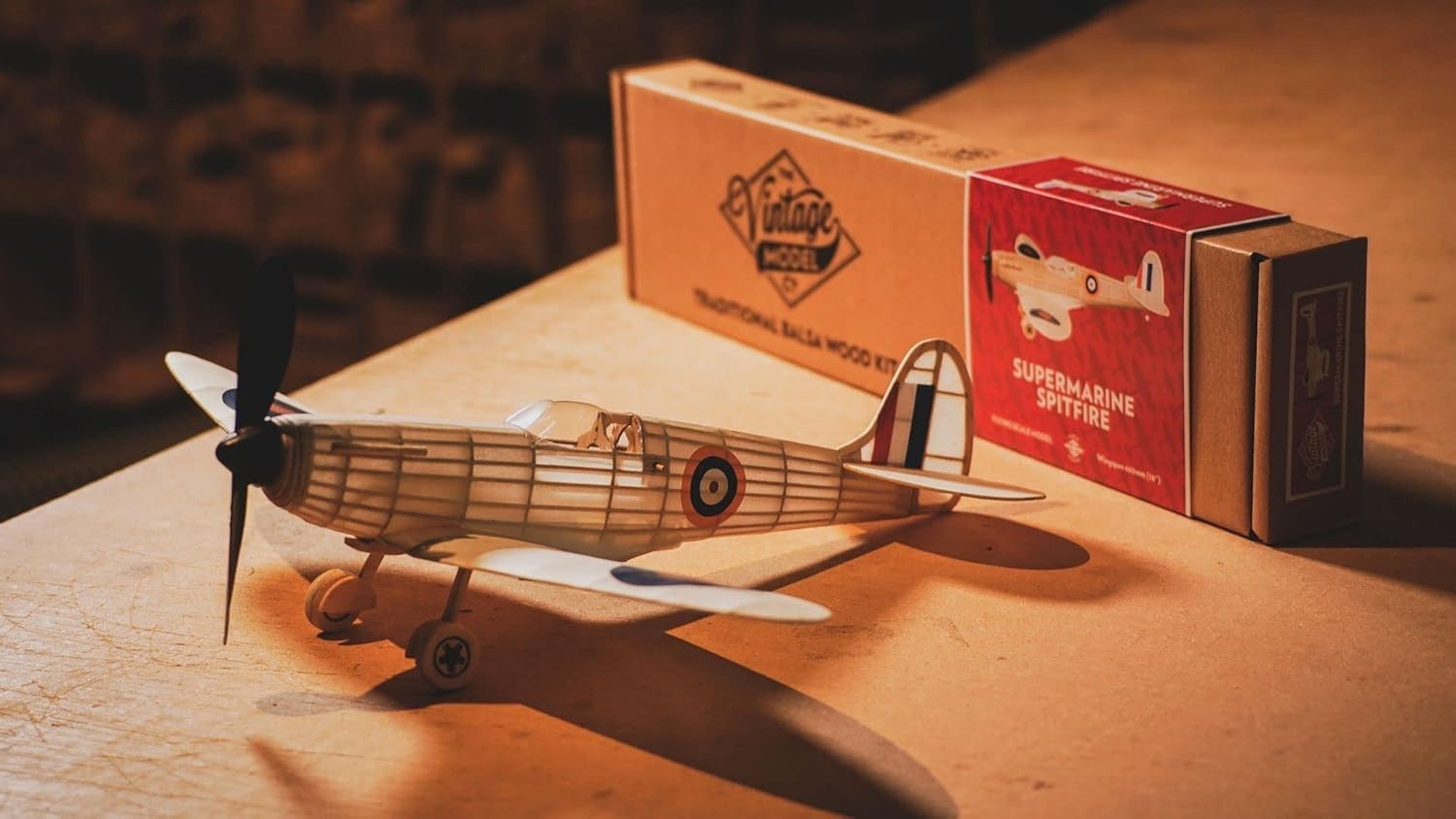 Vintage Rubber-Powered Spitfire Model Plane Kit – Balsa Wood, 460mm Wingspan