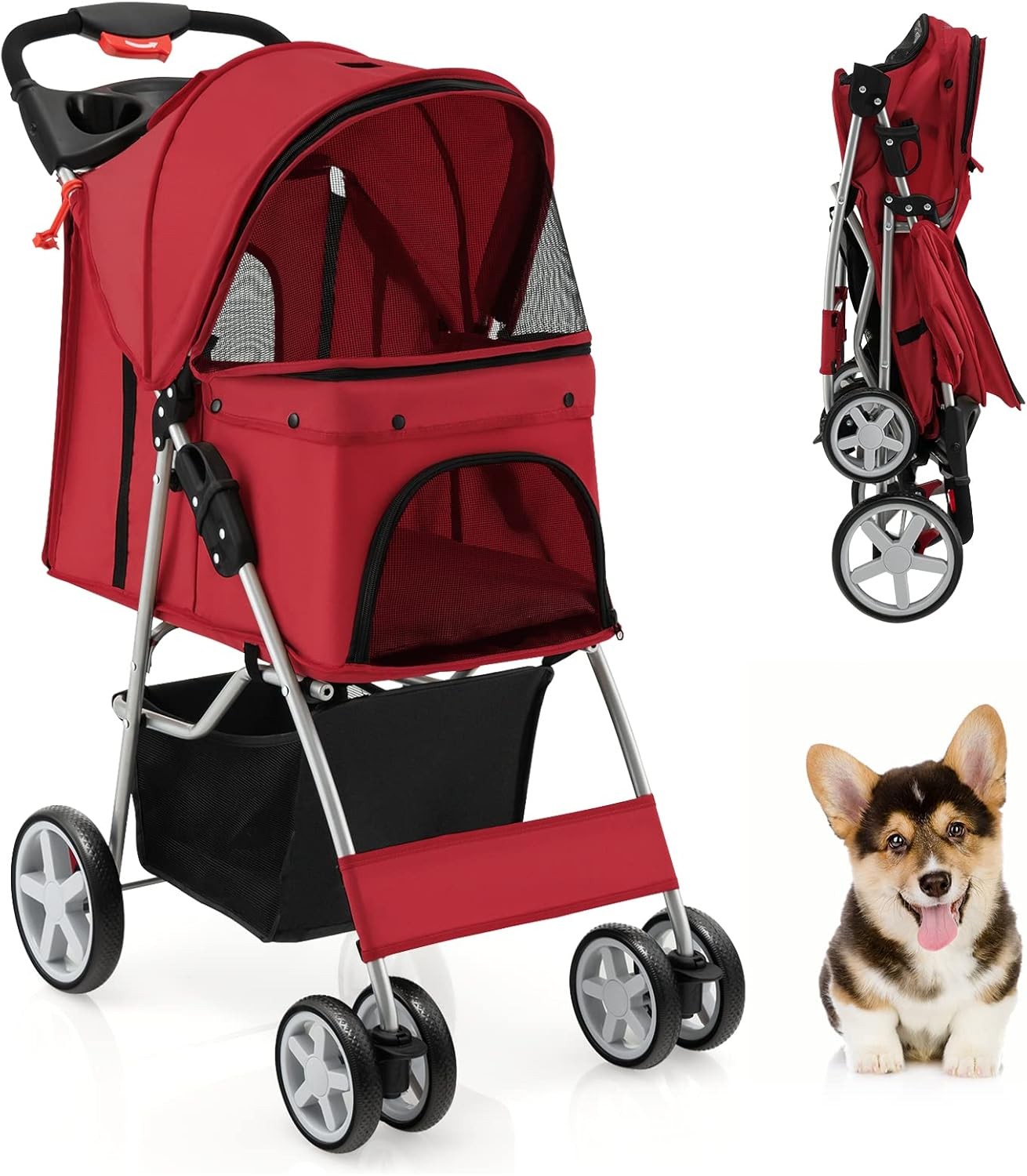 Red Foldable Pet Stroller Pushchair with 4 Wheels for Small Dogs & Cats