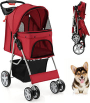 Red Foldable Pet Stroller Pushchair with 4 Wheels for Small Dogs & Cats