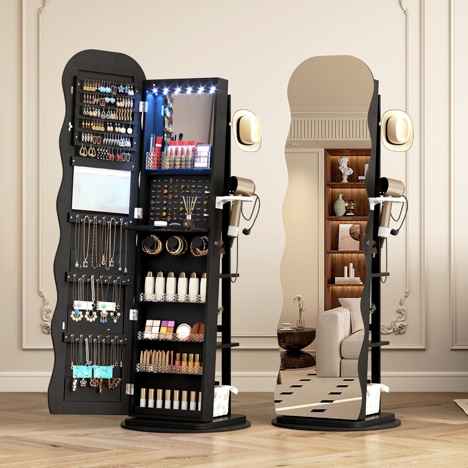 Black LED Rotating Jewellery Cabinet Lockable Wavy Mirror Organizer