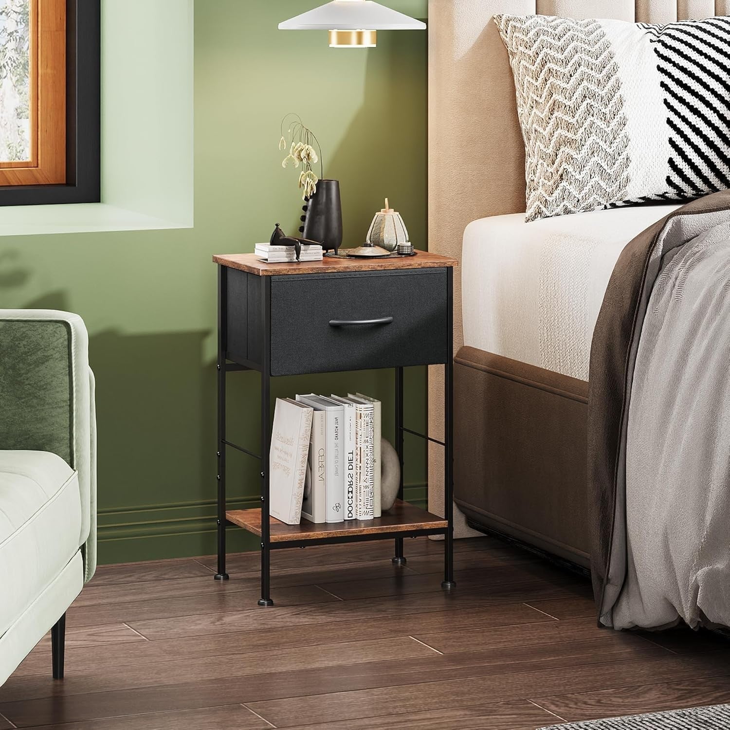 Rustic Brown 2-Tier Bedside Table with Drawer – Slim Nightstand Storage