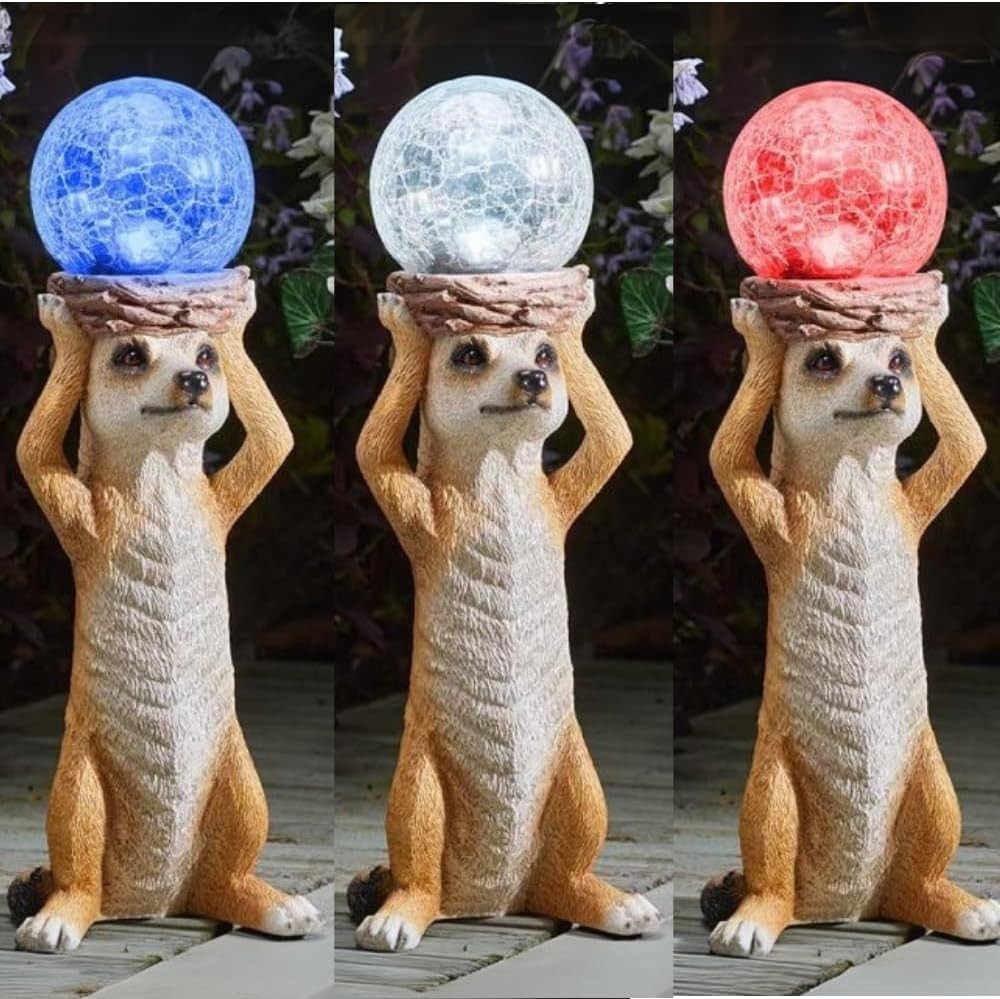 Solar LED Meerkat Garden Ornament with Crackle Glass Ball 37cm Resin Outdoor