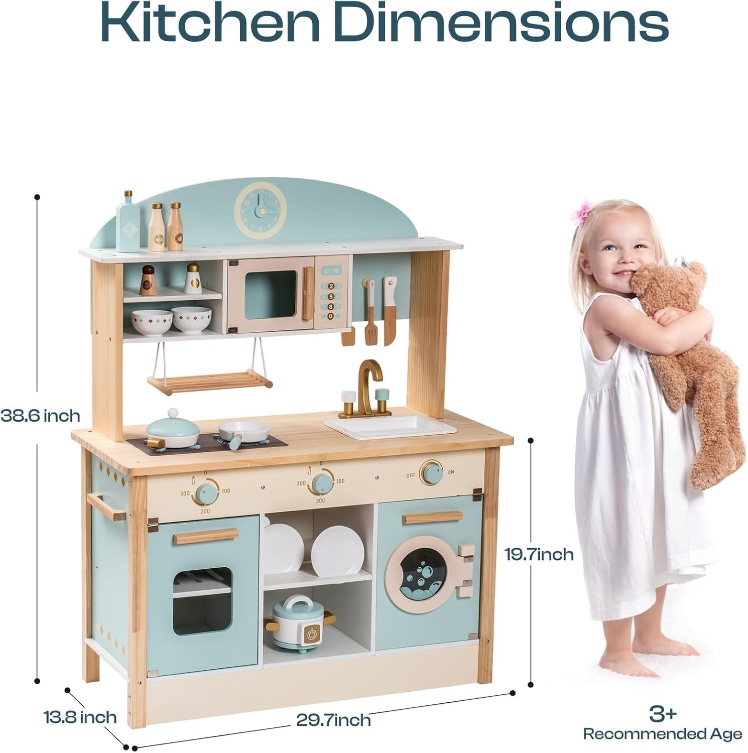 Kids Wooden Play Kitchen Set w/ Oven Microwave Blue Toy Kitchen