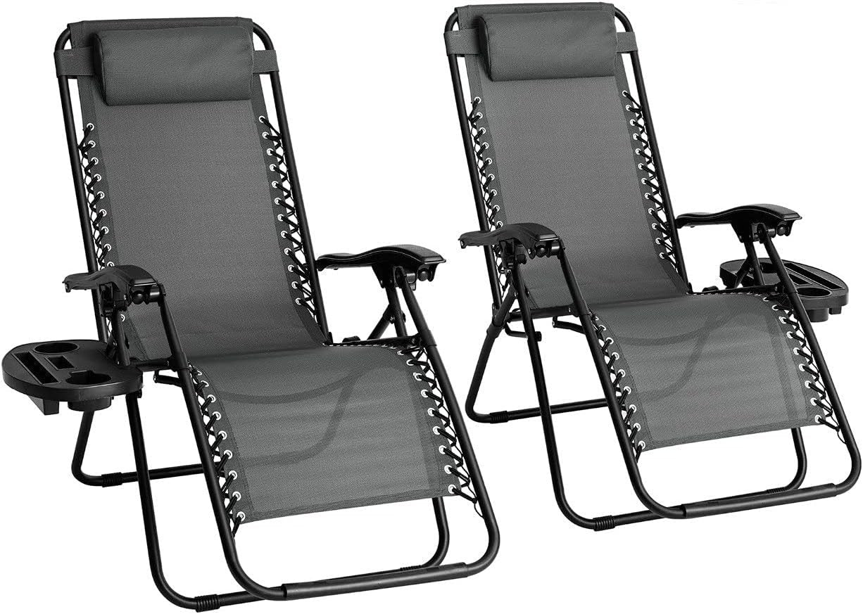 Zero Gravity Outdoor Reclining Chairs Set of 2 Foldable Sun Loungers Grey