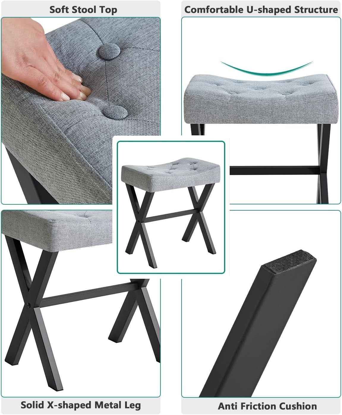 Blue Gray U-Shaped Linen Vanity Stool with X-Leg – Makeup Seat & Footrest