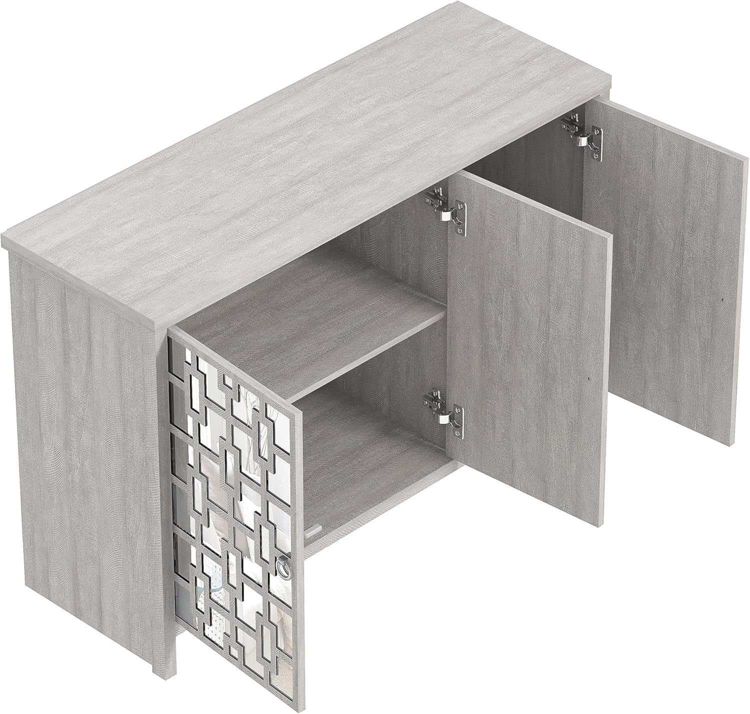 Modern Mirrored Sideboard Cabinet 3 Door Grey Oak Storage Unit Room