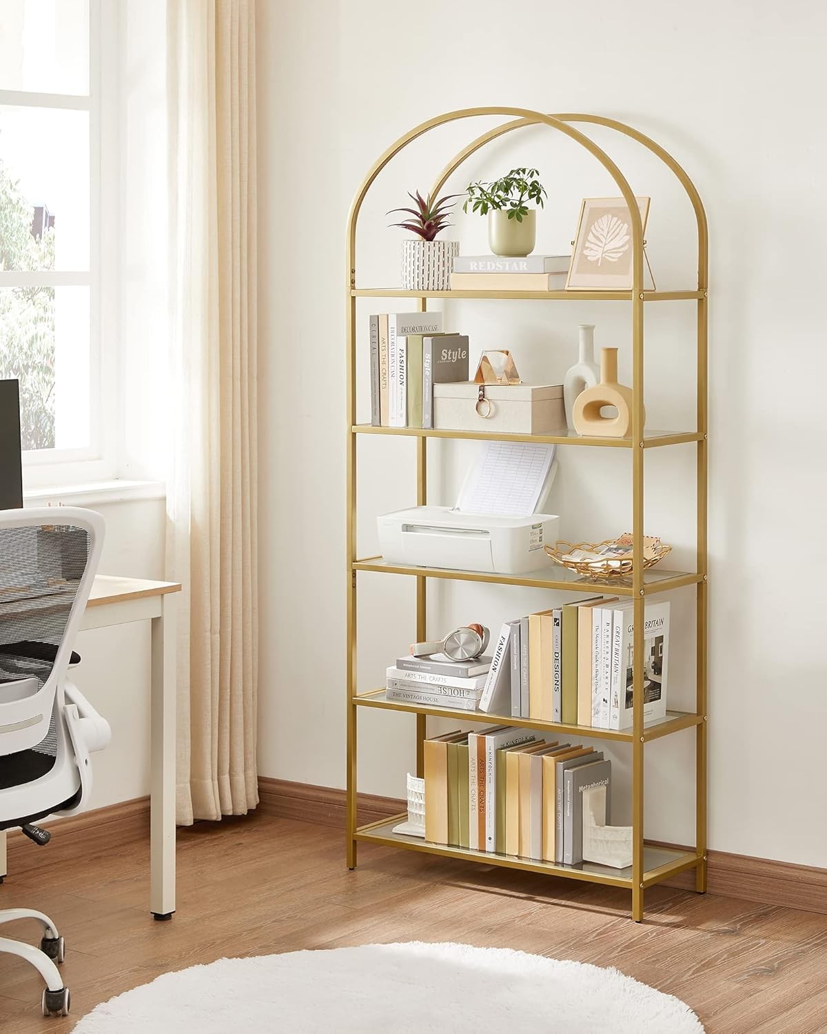 5-Tier Gold Arched Glass Shelf Unit Modern Tall Display Storage Rack