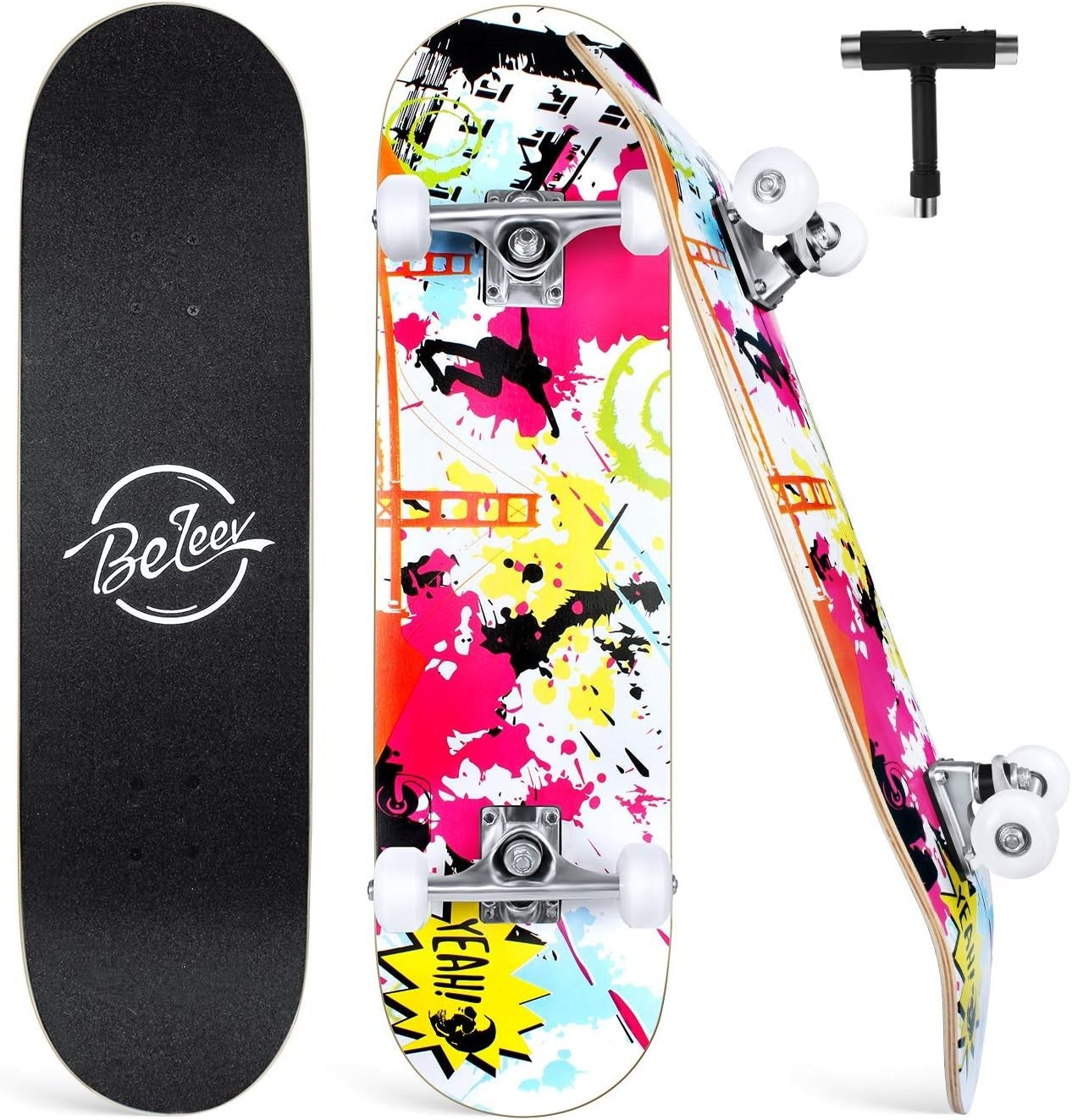 31x8 Complete Skateboard Maple Deck Double Kick Kids Teens Adult Multi