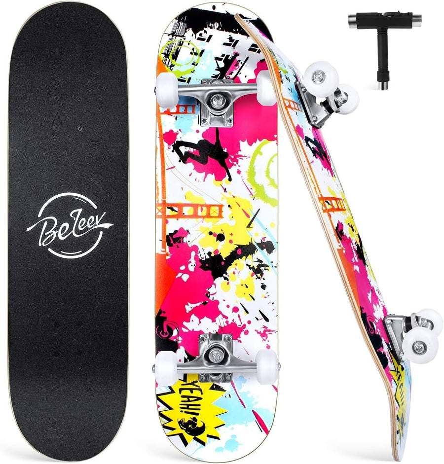 31x8 Complete Skateboard Maple Deck Double Kick Kids Teens Adult Multi