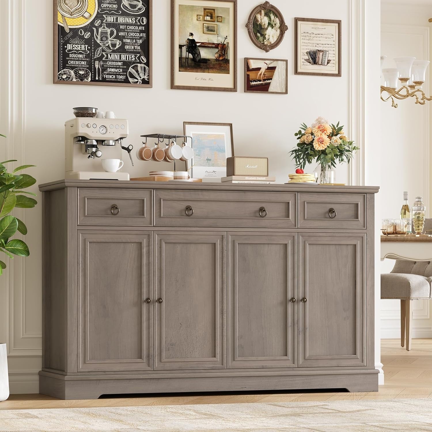 Grey Sideboard Cabinet 4 Door 3 Drawer Storage Unit for Dining Kitchen**