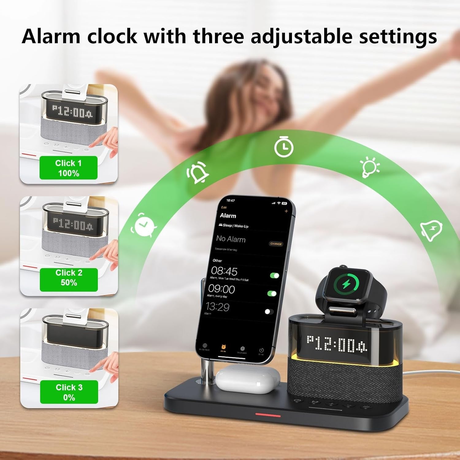 Wireless Charging Station Alarm Clock Fast Charger Stand Night Light