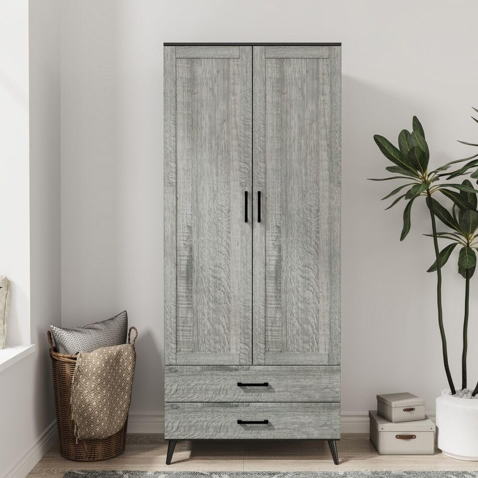 Modern Black 2 Door Wardrobe with Drawers & Hanging Rail - Bedroom Storage