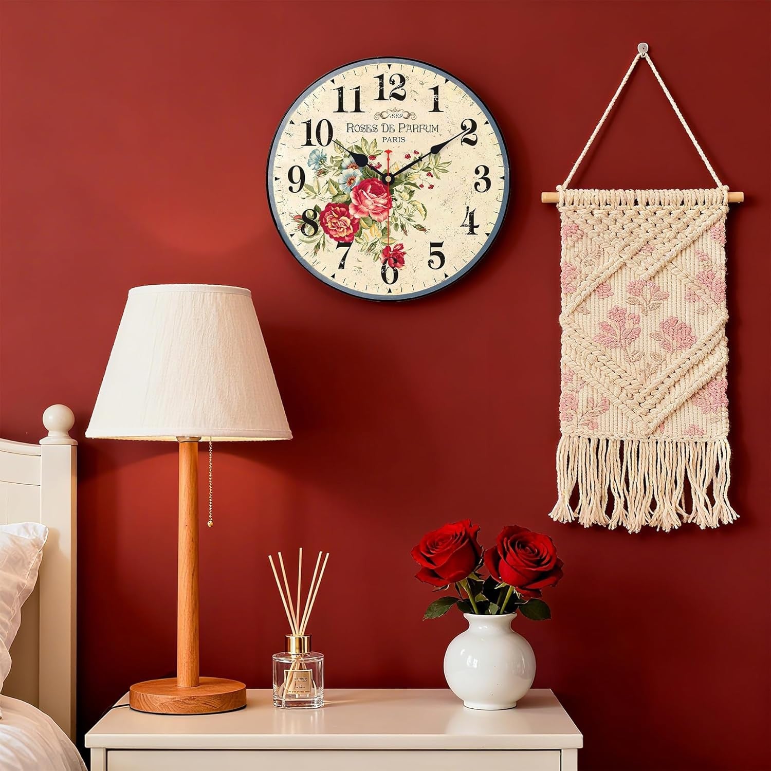 14” Vintage Floral Wall Clock Silent Non-Ticking Wooden Rustic Arabic Numeral