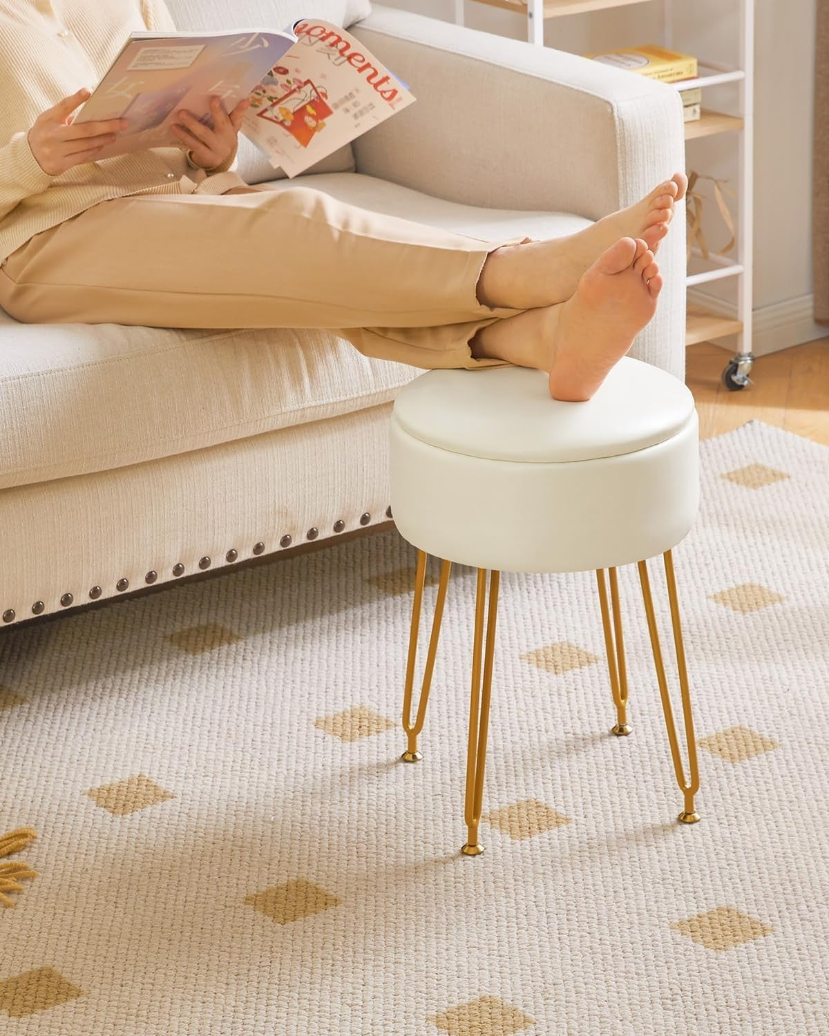 White Faux Leather Round Vanity Stool with Storage & Gold Metal Legs