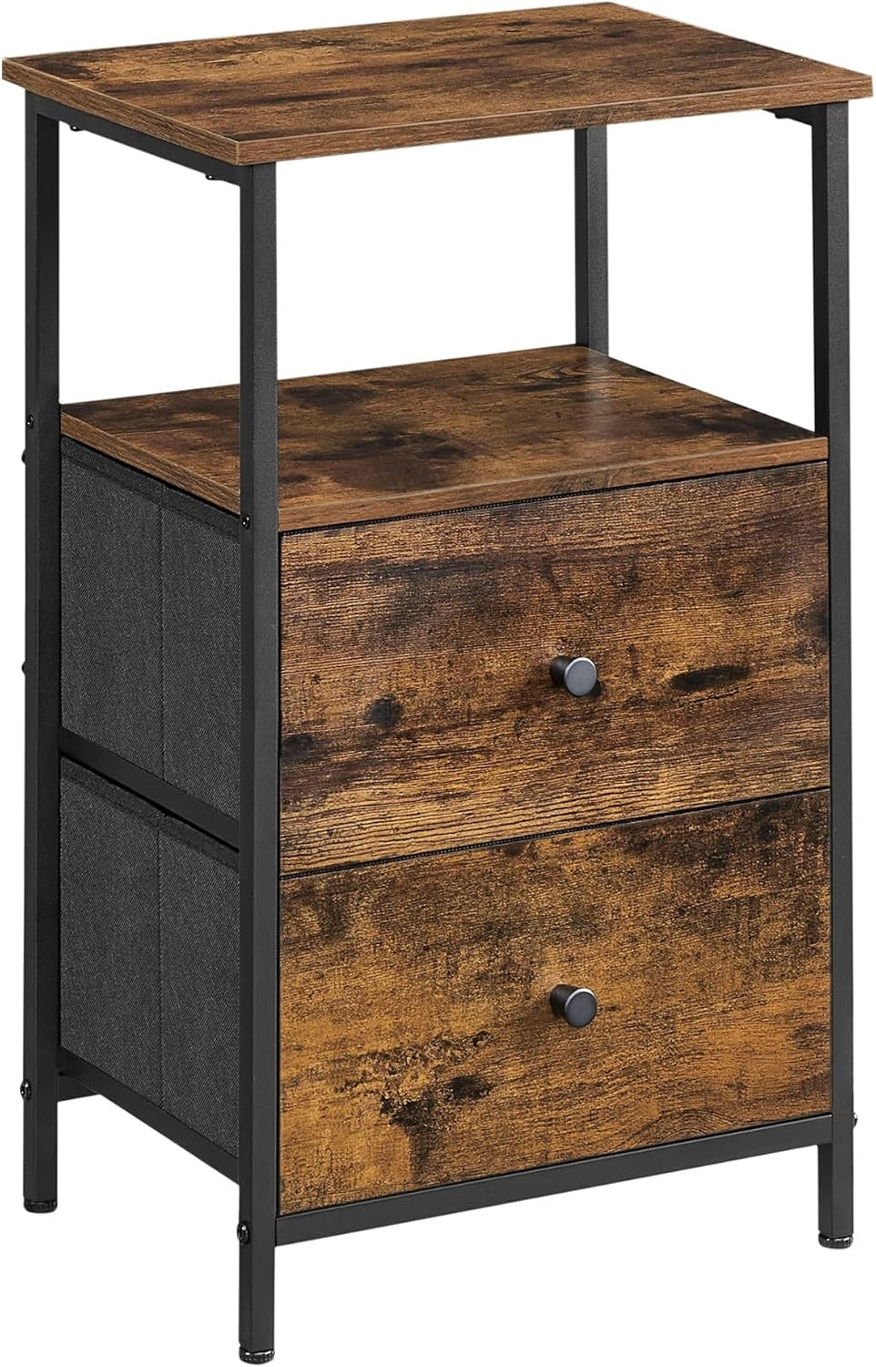 Rustic Tall Bedside Table with 2 Fabric Drawers & Open Shelf, Industrial Style
